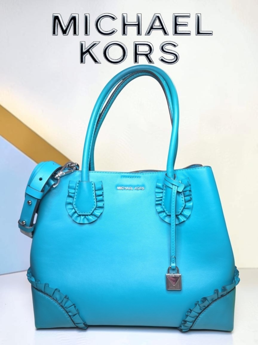 Michael Kors Mercer Gallery Medium Torquoise Ruffled Leather Tote Preloved